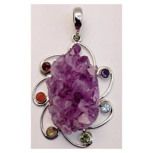 2.50" Solid Sterling Silver EE Chakra Purple Amethyst Multi Stone Pendant
